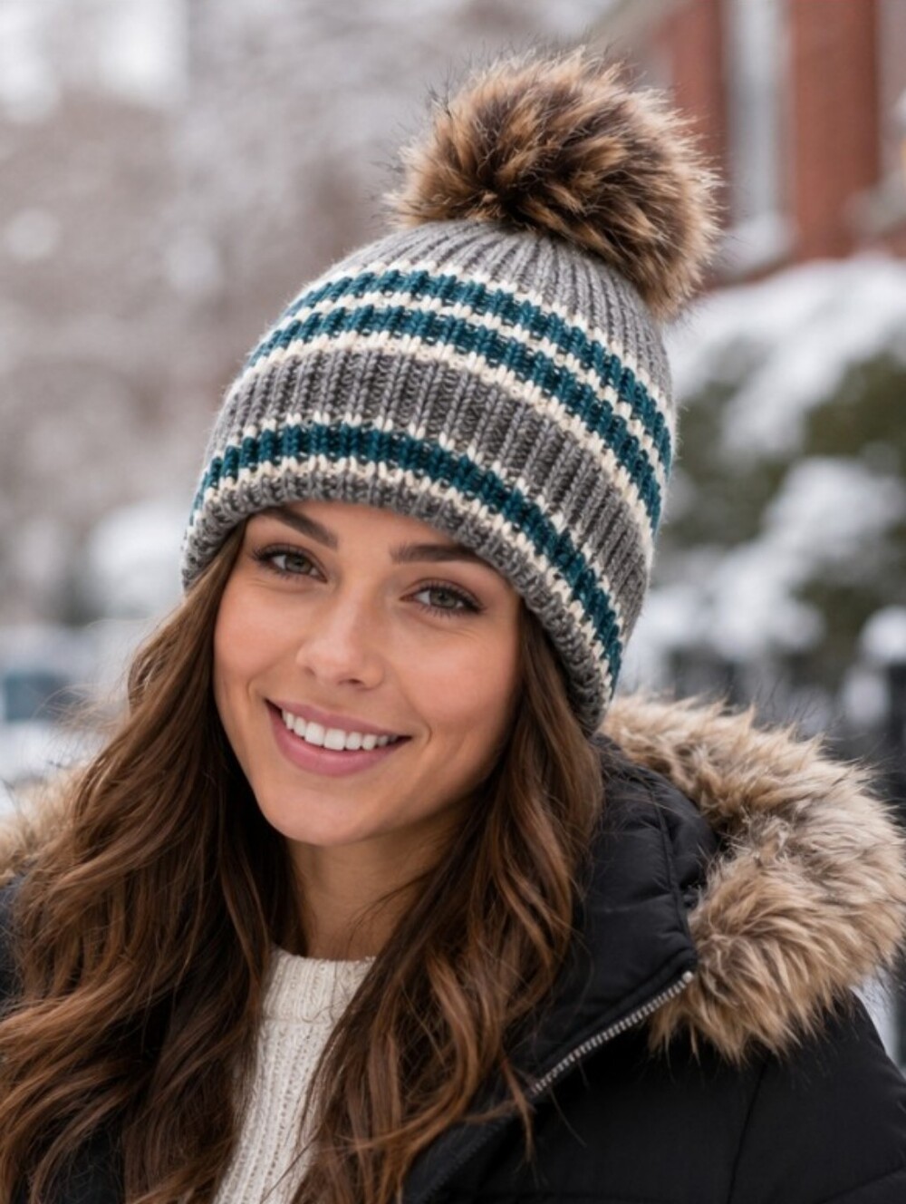 Time And Tru Womens Green, Gray, White Striped Pompom Beanie Hat New
